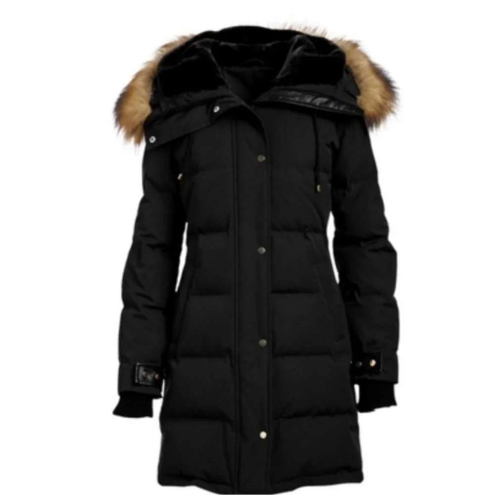 NINE WEST black faux fur trim hooded quilted parka coat